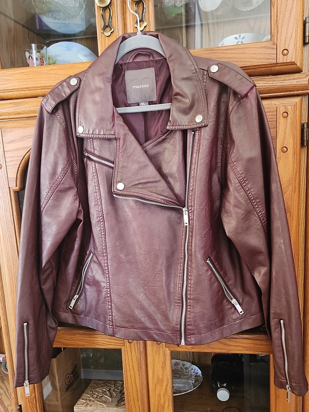 Maurices Women's Maroon Faux Leather Moto Jacket